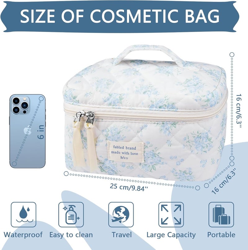 Gosect Large Travel Quilted Makeup Bag for Women,Big Floral Cotton Cosmetic Bag, Cute Coquette Aesthetic Floral Toiletry Organizer Bag (Blue Rose) - Image 2